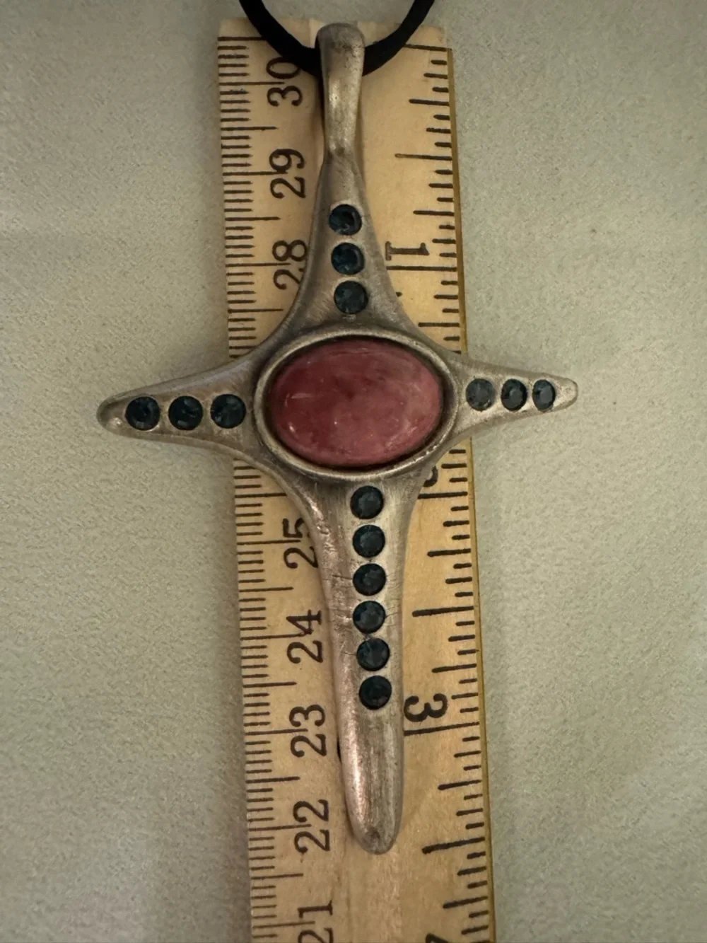 Antiqued Silver-Tone Cross Pendant Necklace w/ Pink and Blue Accent Stones